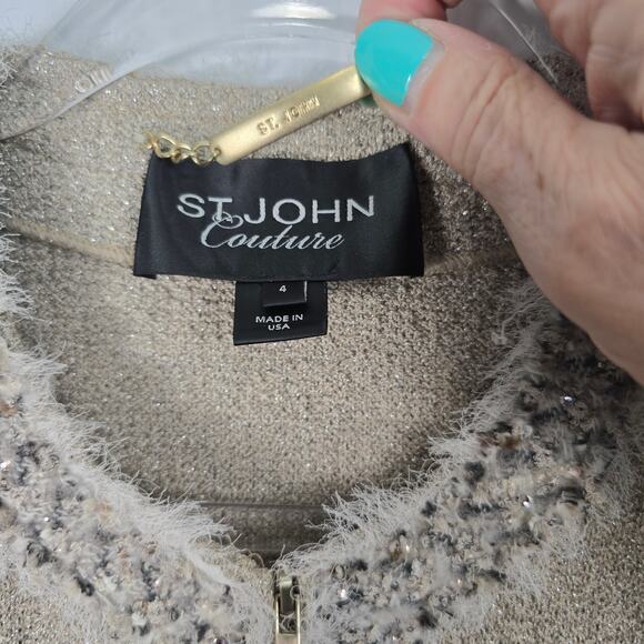 St. John Couture Santana Knit Metallic Tan Blazer Rhinestone Trim Zip Front 4 - Picture 3 of 11